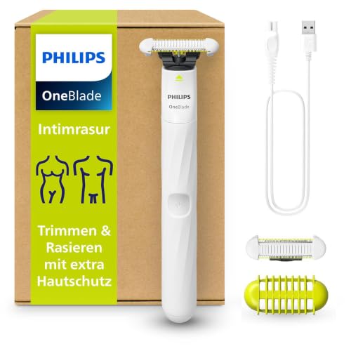 Philips OneBlade Intimate, Intimrasur, Trimmen & Rasieren mit extra Hautschutz, Für eine gründliche und angenehme Rasur – ohne komplett glatt zu rasie