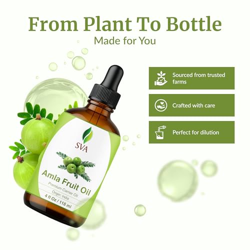 SVA Amla Oil – 4 Fl Oz (118ml) – 100% Pure Cold Pressed Indian Gooseberry Oil – Carrier Oil for Hair Care, Scalp & Skin Nourishment – with Dropper