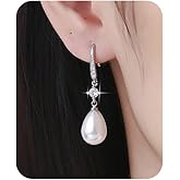 XUENMB Pearl Drop Earrings Sparkling Crystal Teardrop Dangle Stud Earrings White Gold Plated Rhinestones Bridal Pearl Hoop Earrings Birthday Gift