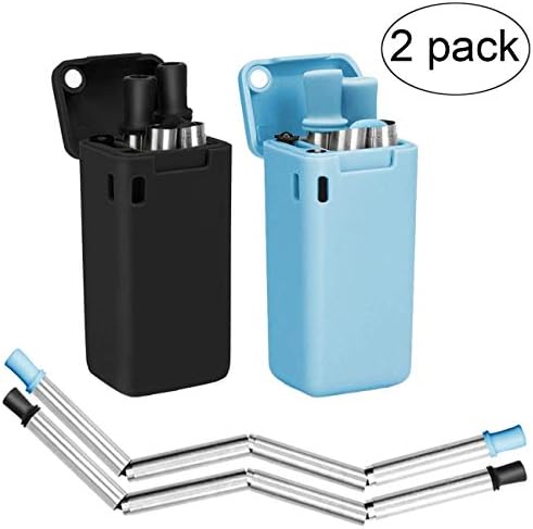Senfhome 2-Pack Collapsible Straws, Stainless Steel Reusable Foldable Drinking Straws | Keychains and Portable Case Included | Upgraded Cleaning Brush (Black/Blue)