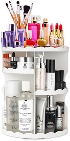 Makeup Organizer 360 Rotating Cosmetics Storage Box, Adjustable Multi-Function Cosmetic Storage Unit, Large Capacity, Fits Different Types of Cosmetics and Accessories(White)