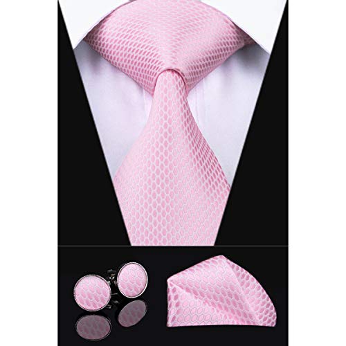 Dubulle Mens Solid Tie Pocket Square Cufflinks Woven Silk Necktie Set for Business Wedding (New Pink)