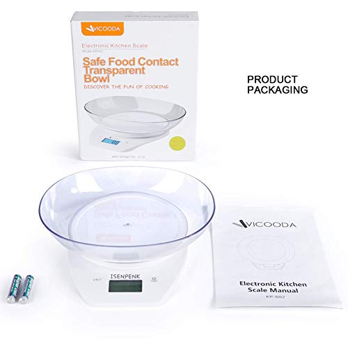 Food Scale with Bowl, WISREMT 5000g/1g Precise Graduation Multifunction Digital Kitchen Scale for Baking and Cooking, White/Batteries Included (Ship from USA)