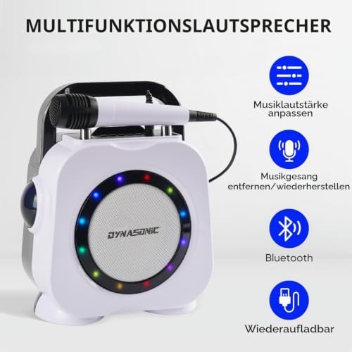 DYNASONISCH. Kabelloser Bluetooth-Lautsprecher mit LED-Leuchten. Tragbare Karaokemaschine mit Zwei Mikrofonen. Originelles Geschenk (Dk-201 Schwarz)
