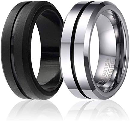 SOLEED Twins - Set of 2-1 Tungsten Wedding Band and 1 Silicone Rubber Wedding Ring for Men, Classic Style