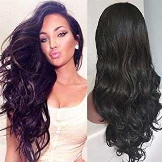 Oxeely Long Wavy Synthetic Lace Front Wigs with Baby Hair Heat Resistant Fiber Hair Wig Black Natural Wavy Glueless Lace Front Wigs for Women 22inch
