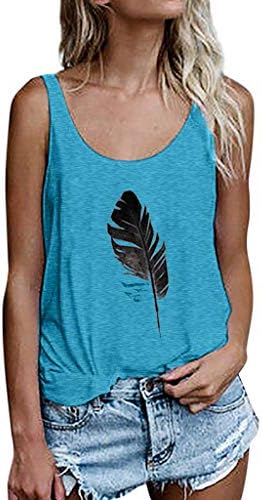 Women Feather Print Vest Sleeveless O Neck Casual Loose Crop Tops Tank Tops Blouse Tops T-Shirt