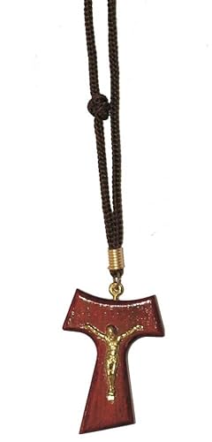 Catholic Religious Wear Wooden Tau Cross Pendant Corded Necklace