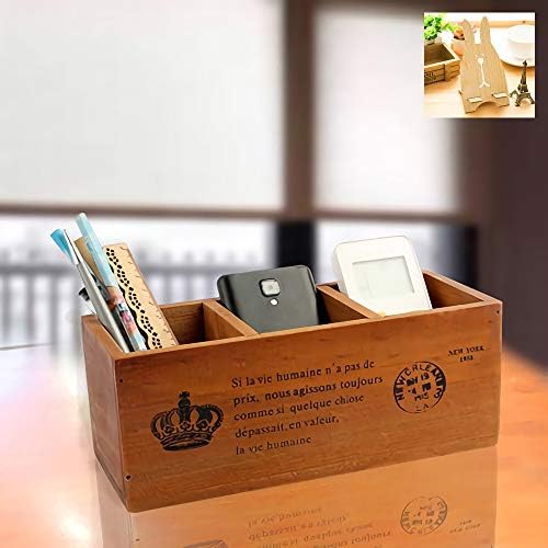 Penxina Wooden Desk Organizer, Wood Pen Pencil/Remote Control Holder Vintage Rustic Wood Desktop Stationery Storage Caddy for Desk, Office Supplies, Home (Wood Color)
