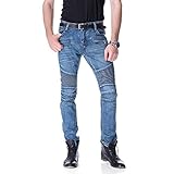 Feinste Men's Slim Zipper Biker Jeans Moto Denim Pants(32W,Blue)