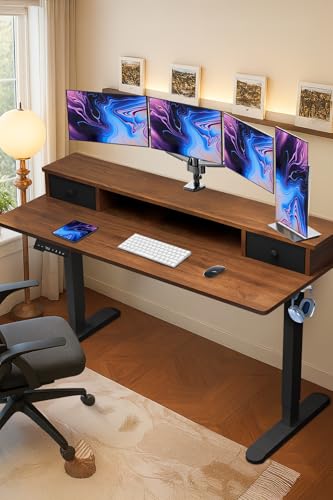 IXTRA Electric Standing Desk with Drawers 160x60cm Gaming Table Compatible Monitor Stand, Stand up Desks, Home Office Height-Adjustable Desk with Storage Shelf Walnut