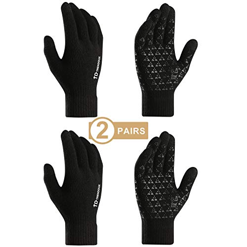 TRENDOUX Gloves for Men, Winter Touch Screen Knit Glove for Women - Fit for Typing Phone - Non-Slip Grip - Thermal Liners - Stretchy Material - Fit for Running Driving Riding - Two Pairs Black - XL