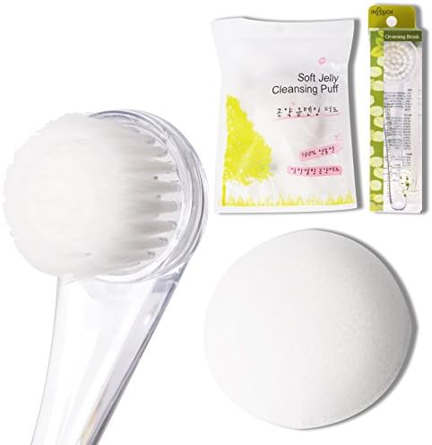 Korean Facial Exfoliating Set : 1 All Natural Korean Facial Konjac Sponge for Exfoliating Sensitive Skin + 1 K beauty Deep cleanse All-Kill Pore Brush