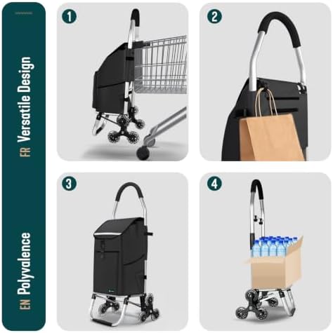 ® Carrito Compra Plegable de Aluminio, Carro de la Compra 6 Ruedas con Bolsa Oxford Desmontable y Ganchos, 58L, Negro