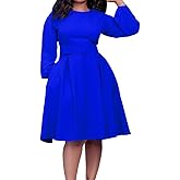 Elainone Women Long Sleeve A Line Dress with Belt Church Wedding Guest Semi Formal Office Dresses