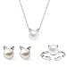 ISAACSONG.DESIGN 925 Sterling Silver Cat Eye Moonstone Apple/Cat Kitty Crystal Pearl Charms Pendant Necklace and Earring Set for Women (Cute cat Kitty with Pearl Charm)