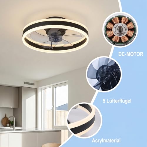 Ceiling Fan with Lighting, Fan Ceiling Light, 3 Colour Temperatures and 6 Speeds LED Ceiling Fan with Lamp, APP/Remote Control, Quiet Dimmable Fan, Ceiling Light (Black, 50 cm)