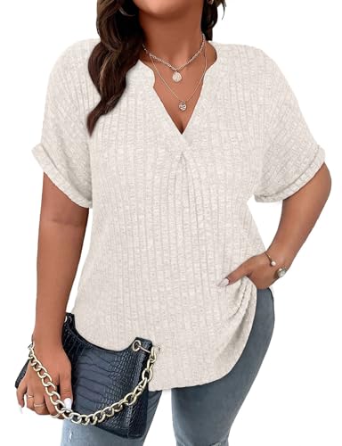 Tanst Sky Sexy Plus Size Outfits, Ribbed Short Sleeves Low Cut V Neck Dressy Tops Stretchy Soft Lightweight Flattering Tunics to Wear with Leggings 5XL Apricot at Amazon