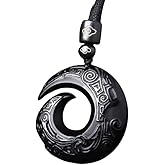 TAMHOPE Black Obsidian Circle Lucky Peace Auspiciou Amulet Necklace,Hand Carved Luckcy Bird Jade Talisman Necklace