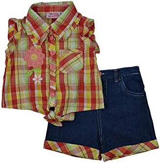 LnLClothing Little Girl's Plaid Sleeveless Tie-Front Top and Denim Shorts 2pcs, Orange, 6T