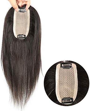6cmx12cm Silky Straight 100% Real Human Hair Clip in Double Silk Top Base Toupee Hand Tied Invisable Hairpiece for Women Natural Color (Hair Length 30CM)