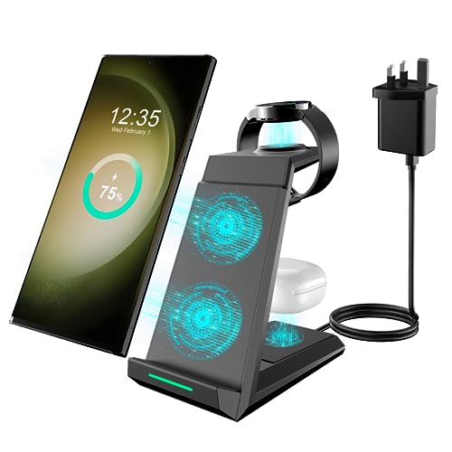 Wireless Charger for Samsung - ADADPU 3 in 1 Charging Station for Multiple Devices, Fast Charger Stand Dock for Galaxy S23 Ultra S22 S21 S20 Z Flip Fold 4, Galaxy Watch 5/5 Pro/4/3, Galaxy Buds 2 Pro