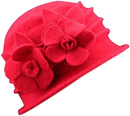 Hats for Women Vintage Solid Wool Felt Woolen Hat with Flower Cap Hats Black/Red/Camel