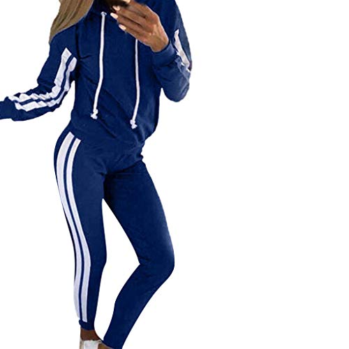Women's Casual Striped Sweatsuit Set Zipper Sports Jacket Hoodie and Pants Sport Suits Tracksuits 2 Piece Outfits Blue
