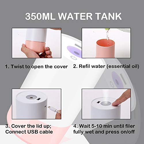 USB Mini Humidifier 350ml Small Car Diffuser for Office, Bedroom, Whole Room, Travel, Small Bedside Kids Baby Humidifiers for Nursery