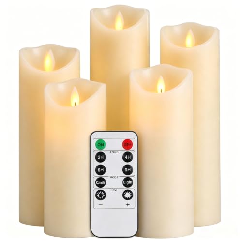Da by - LED Candles, Set of 5 Decorative Candles (14cm, 15cm, 16cm, 18cm, 20cm), 10 Touch Flameless Candle, Flashing LED Flame, Made of Real Wax