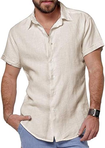PASLTER Men's Linen Shirts Cotton Short Sleeve Button Down Shirts Regular Fit Casual Beach Shirt