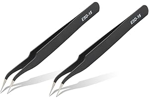 Stainless Steel Tweezers ESD-15 Precision Tweezer 2Pcs Anti-static Curved Tip Tweezers Fine Point Tweezers Set for Electronic