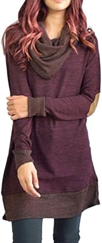 Jiu1ai Cowl Neck Tops Two Tone Color Block Pullovers Elbow Patchs Long Tunic Shirts