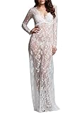 U-Story Women's Deep V Neck Lace See Through Maternity Dress Long Sleeve Beach Dresses