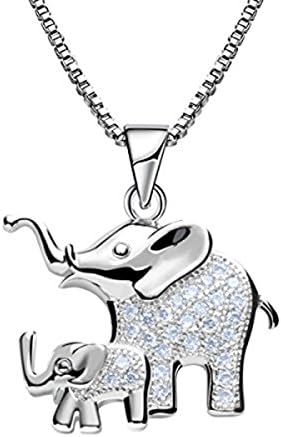 QXJX Mom and Baby Elephant Animal Pendant Necklace Platinum Plated Zircon for Woman Girl Jewelry