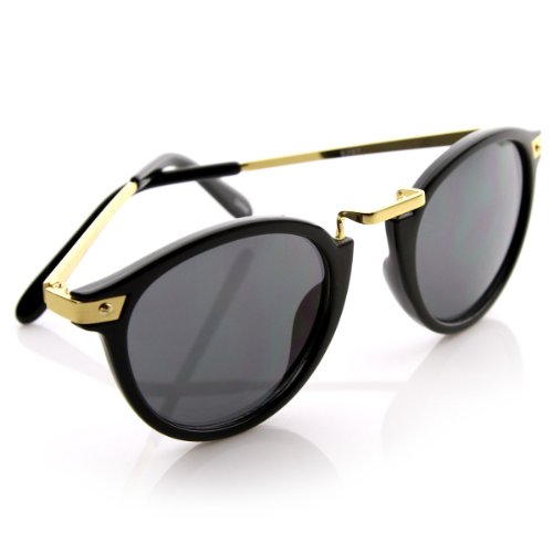zeroUV - Vintage Inspired Round Horned Rim P-3 Frame Retro Sunglasses (Shiny Black-Gold)