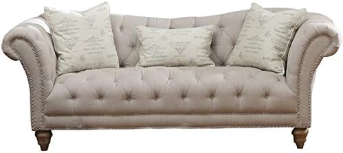 Sophisticated Tufted Sofa in Natural Linen-Like Upholstery in Sinuous Spring and Two Accent Pillows Plus FREE GIFT