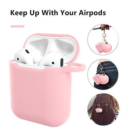 Airpods Case - BlUEWIND Drop Proof Air Pods Protective Case Cover Silicone Skin for Apple Airpods 2 & 1 Charging Case, Cute Fur Ball Airpod Keychain/Strap, Pink