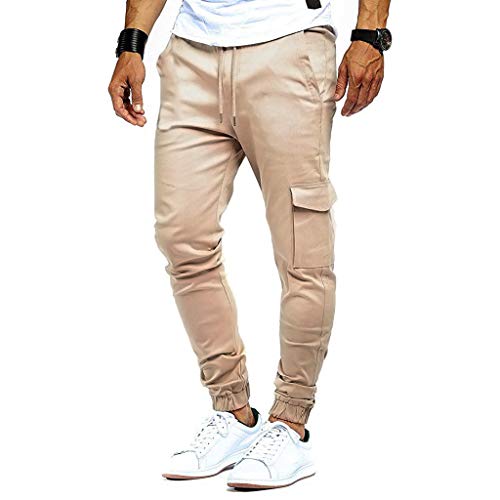 Fashion Casual Pants Mens Slim Pure Color Bandage Sweatpants Drawstring Pants Khaki - Thumbnail 2
