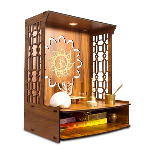 Heartily® Maha Mangal Beautiful Wooden Pooja Mandir for Home Temple for home and office Puja Mandir wall with LED Spot Light Size (H- 18, L- 15 , W-11 Inch)