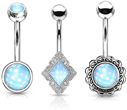 3 Pack of Illuminating Blue Stone Belly Bar Piercings Surgical Steel