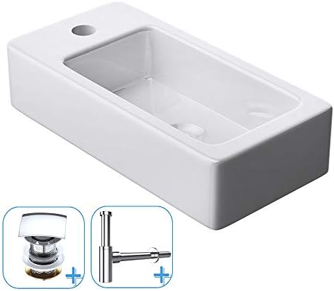 Durovin Bathrooms Ceramic Cloakroom Sink | Wall Hung Mount | One Left Hand Tap Hole Wash Basin Plus Out-Push Square Pop Up Waste Plug and Round Bottle Trap