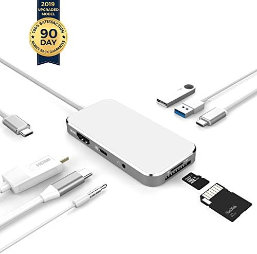 FLYSBA USB Type C Hub Adapter Port 8 in 1 with 4K HDMI, USB C PD Port, 3.5mm Audio/Mic 2 in 1, SD/TF Card Reader, USB C 3.0 Port and 2 USB 3.0 (Silver)