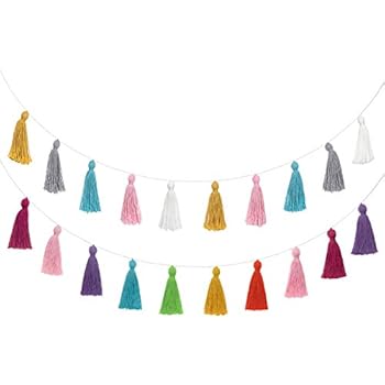 Mkono 2 Pack Cotton Tassel Garland Colored Tassels Banner Christmas Decorative Wall Hangings for Boho Home Decor,Xmas Tree Decorations Ornament, Holiday Party, Baby Shower, Nursey Dorm Room