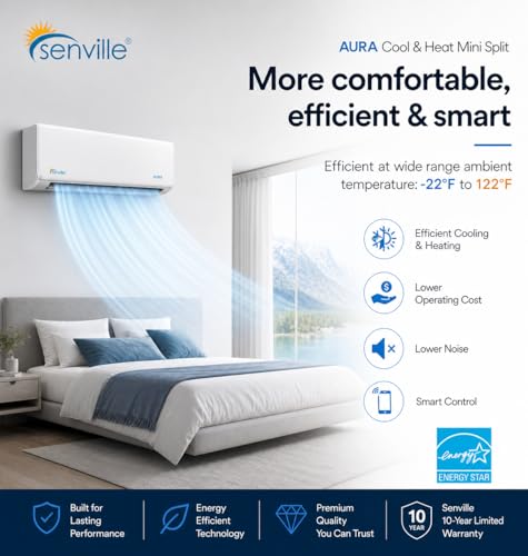 Senville AURA Series Mini Split Air Conditioner Inverter Heat Pump, 15000 BTU, Compatible with Alexa, Energy Star, White