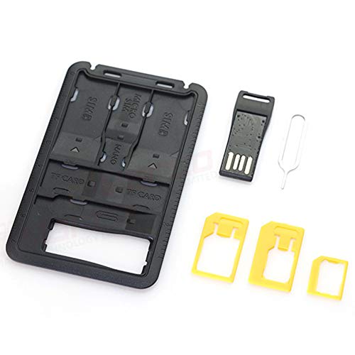 Tubwair Slim SIM Card Holder case & MicroSD Card Storage + 1 USB Memory Card Reader 3 sim Card Adapters 1 iPhone pin Tray Opener, Holds 4 SIM Cards 1 Micro 1 Nano sim & 2 MicroSD TF Cards, CC Size