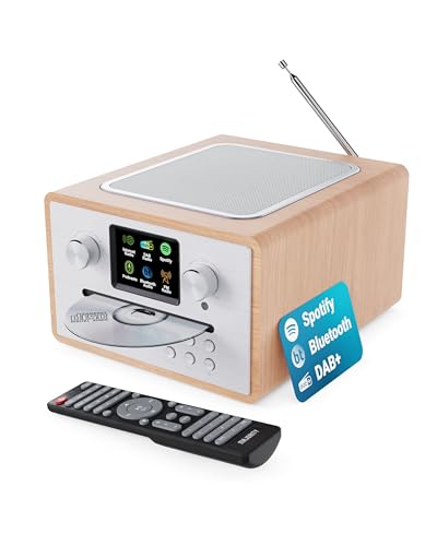 Dab Plus Radio with CD Player | Bluetooth WiFi Internet Radio | CD Tuner Amp with Spotify Connect & Podcast | Colour LED Display and Remote Control | Majority Homerton Oak