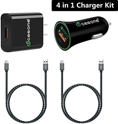 Qualcomm Certified Micro USB Quick Charge 3.0 Charger Kit, CeeOne Micro USB 4-in-1 Essential Home and Car Charger Kit with 2-Pack 6ft Nylon Braided Cable for Android Devices and More