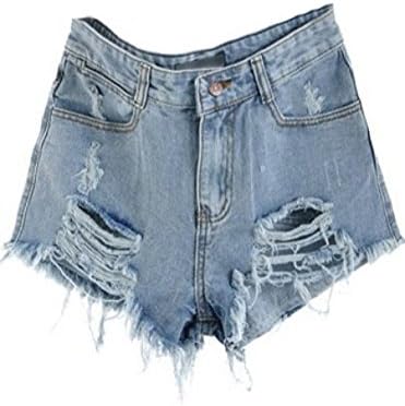 Metee Dresses Women's Blue High Waist Ripped Hole Denim Shorts Jeans Size XX-Large