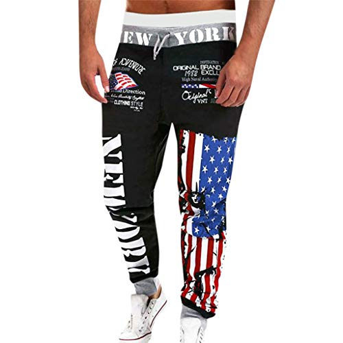YKARITIANNA Mens Joggers Sport Flag Print Casual Drawstring Sweatpants Trouser Long Pants Black